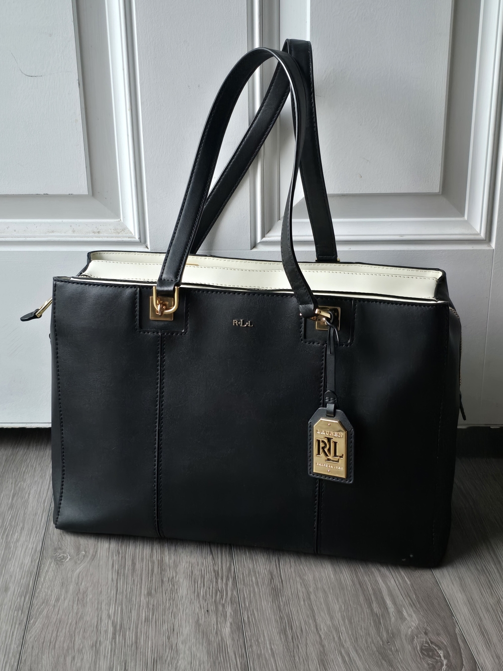 Lauren Ralph Lauren RLL Black Leather Tote Bag Gold Hardware Cream Interior